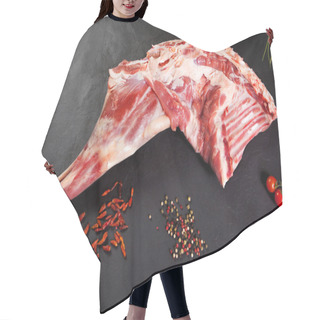 Personality  Fresh And Raw Meat. Leg Of Lamb Uncooked Tomato And Pepper On Black Background Hair Cutting Cape