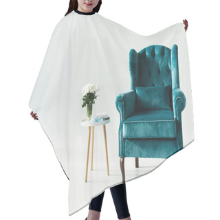 Personality  Turquoise Armchair By Coffee Table With Flowers And Books On Grey Background Hair Cutting Cape