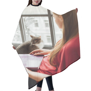 Personality  Selective Focus Of Cute Cat Near Window And Young Woman With Book  Hair Cutting Cape