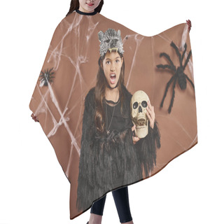 Personality  Close Up Surprised Girl With Open Mouth Holds Skull With Brown Backdrop, Halloween Concept Hair Cutting Cape