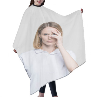 Personality  Attractive Frightened Woman Hair Cutting Cape