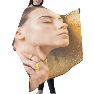 Personality  Nude Young Woman With Closed Eyes, Shiny Makeup And Golden Rings On Golden Textured Background Hair Cutting Cape