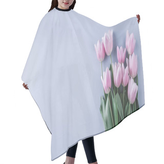 Personality  Bouquet Of Pink Tulips Flowers On Blue Background. Waiting For Spring. Flat Lay, Top View. Hair Cutting Cape