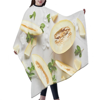 Personality  Top View Of Cut Tasty Melon On Marble Surface With Mint And Ice Hair Cutting Cape