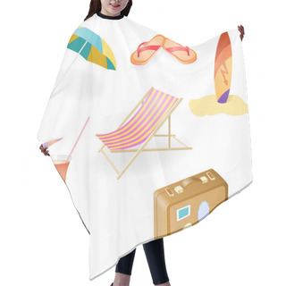Personality  Vector Beach Set From Chaise Lounge, Beach Umbrella, Beach Footwear, Cocktail, Suitcase And Surfboard Hair Cutting Cape