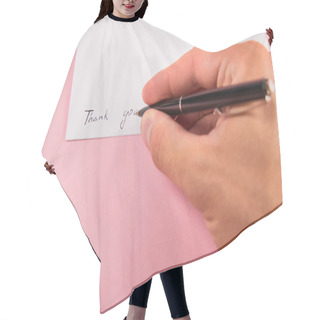 Personality  Cropped View Of Man Writing With Pen Thank You Lettering On White Card On Pink Background Hair Cutting Cape