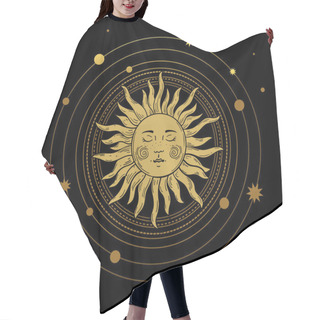 Personality  Vector Illustration In Vintage Mystical Style, Boho Design, Tattoo, Tarot. The Device Of The Universe With A Golden Sun, Moon, Planets And Orbits Against The Background Of Black Space. Hair Cutting Cape