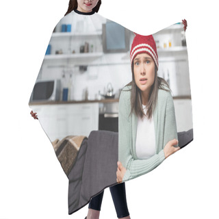 Personality  Freezing Woman In Knitted Hat Hugging Herself While Sitting In Cold Kitchen Hair Cutting Cape
