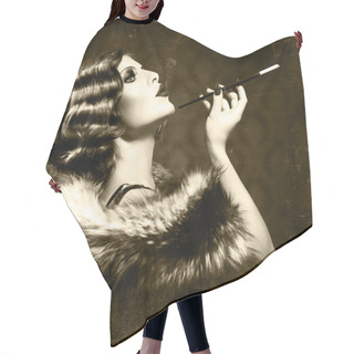 Personality  Smoking Retro Woman. Vintage Styled Black And White Photo Hair Cutting Cape