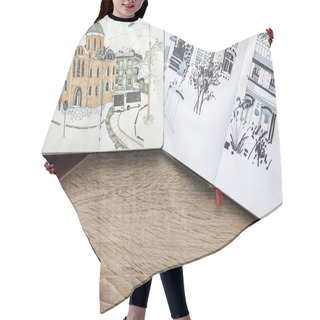 Personality  Top View Of Drawings In Albums On Wooden Background Hair Cutting Cape