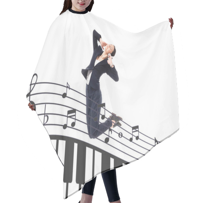 Personality  Young Businesswoman Jumping In Dance Near Illustration With Music Notes And Piano Keys Isolated On White Hair Cutting Cape
