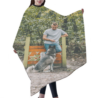Personality  Young Man Training With Obedient Husky Dog On Jumping Obstacle  Hair Cutting Cape