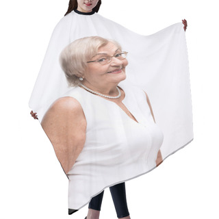 Personality  Portrait Of Lovely Grandmother Smiling Hair Cutting Cape