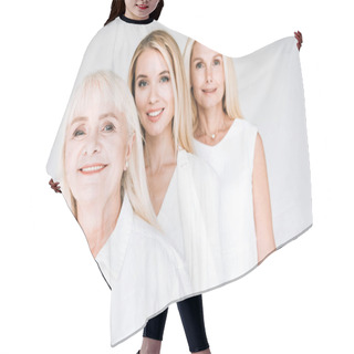 Personality  Selective Focus Of Attractive Three Generation Blonde Women Isolated On Grey Hair Cutting Cape