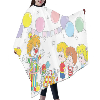 Personality  Friendly Smiling Circus Clown In A Colorful Suit With His Pup, Toys And Balloons Playing With Small Children, A  Vector Illustration In A Cartoon Style Hair Cutting Cape