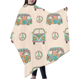 Personality  Seamless Pattern With Colorful Hippie Camper Bus And Symbol Peacel In Zentangle Style. Hair Cutting Cape