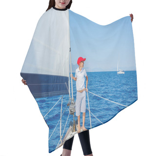 Personality  Little Boy On Board Of Sailing Yacht On Summer Cruise. Travel Adventure, Yachting With Child On Family Vacation. Hair Cutting Cape