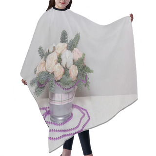 Personality  Bucket With Pale Pink Roses With Fir Branches On Light Coloured Background Hair Cutting Cape