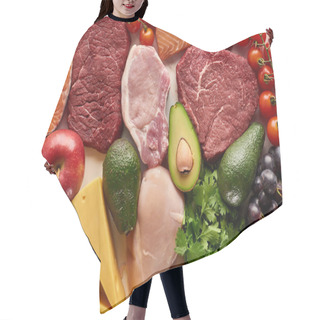 Personality  Top View Of Assorted Raw Meat, Poultry, Fish, Eggs, Vegetables, Fruits, Nuts, Greenery And Cheese  Hair Cutting Cape
