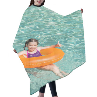 Personality  Joyful Child Showing Thumbs Up While Floating In Pool On Swim Ring Hair Cutting Cape