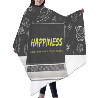 Personality  Laptop On Table With Enjoy Life While You Are Young And Happiness Lettering On Screen With White Galaxy Illustration On Black  Hair Cutting Cape