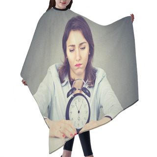 Personality  Sad Bored Woman With Alarm Clock Sitting At Table In Her Office  Hair Cutting Cape
