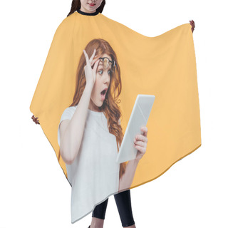 Personality  Surprised Redhead Girl With Glasses Using Digital Tablet Isolated On Yellow Hair Cutting Cape