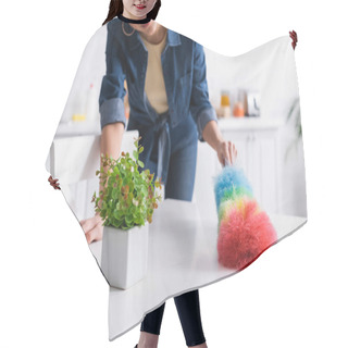 Personality  Cropped View Of Blurred Woman Cleaning Table With Dust Brush  Hair Cutting Cape
