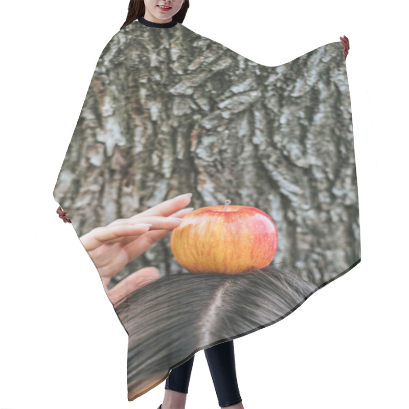 Personality  Partial View Of Girl Holding With Apple On Head Hair Cutting Cape