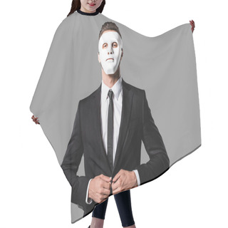 Personality  Confident Handsome Businessman In Black Suit And White Mask Isolated On Grey Hair Cutting Cape