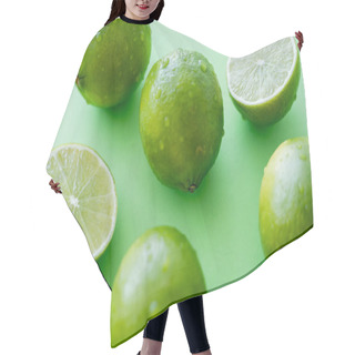 Personality  Close Up View Of Ripe Limes With Water Drops On Green Background Hair Cutting Cape