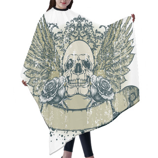 Personality  Skull With Wings And Blooming Roses, Hand-drawing. Vector Illustration. Hair Cutting Cape