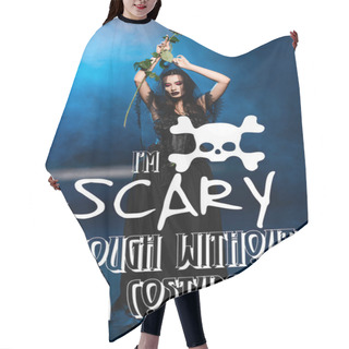 Personality  Bride In Black Dress And Veil Holding Red Rose Above Head Near I Am Scary Enough Without A Costume Lettering On Blue With Smoke Hair Cutting Cape