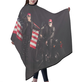 Personality  Full Size Photo Of Two People Retired Pensioner Man Woman Sit Motor Bike Hold Use Flag Enjoy Citizen Independence Day Adventure Wear Leather Jacket Sunglass Isolated Black Color Background Hair Cutting Cape