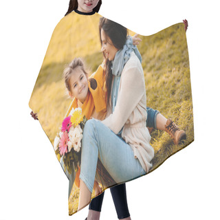 Personality  Daughter And Mother Sitting In Park Hair Cutting Cape