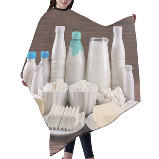 Personality  Different Dairy Products On Wooden Table Hair Cutting Cape