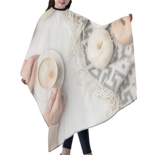 Personality  Cropped View Of Woman Holding Cup Of Coffee And Yarn Balls On Blaket On White Background  Hair Cutting Cape
