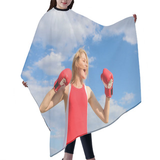 Personality  Woman Strong Boxing Gloves Raise Hands Blue Sky Background. Girl Boxing Gloves Symbol Struggle For Female Rights And Liberties. Feminism Promotion. Fight For Female Rights. Girls Power Concept Hair Cutting Cape