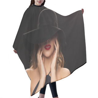 Personality  Beautiful Woman In Black Hat Over Dark Background Hair Cutting Cape