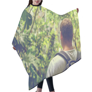 Personality  Tourist With Backpack In The Jungle. Vintage Effect. Space For Your Text. Hair Cutting Cape