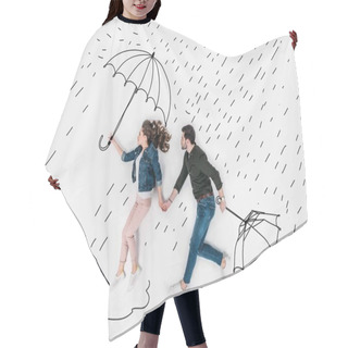 Personality  Creative Hand Drawn Collage With Couple Running Under Rain With Umbrellas Hair Cutting Cape