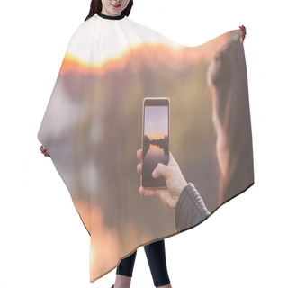 Personality  Woman Taking Picture Of Sunset On Her Phone Hair Cutting Cape