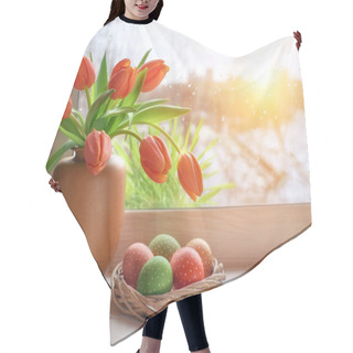 Personality  Spring Background With Green Grass, Easter Eggs And Bunch Of Orange Tulips On Window Board On A Sunset After Rain. Space For Your Text. Hair Cutting Cape