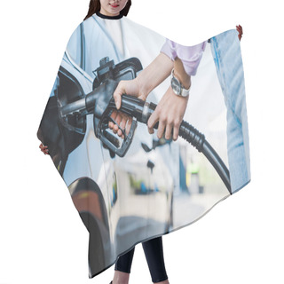 Personality  Cropped View Of Woman Holding Fuel Pump While Refueling Car With Benzine  Hair Cutting Cape