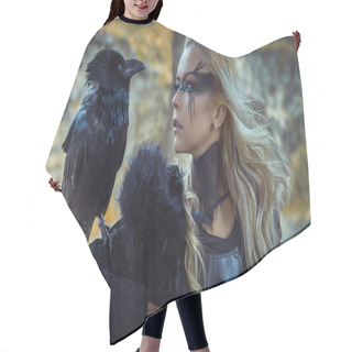 Personality  Beautiful Black Crow, Viking Blonde Woman With Shield And Sword, Braids In Her Hair. Hair Cutting Cape