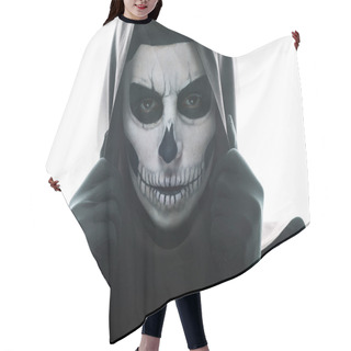 Personality  Front View Of Woman With Skull Makeup Looking At Camera Isolated On White Hair Cutting Cape