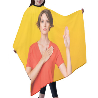 Personality  Photo Of Serious Nice Brunette Lady Pray Wear Orange T-shirt Isolated On Vibrant Yellow Color Background Hair Cutting Cape