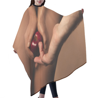 Personality  Cropped View Of Man Reaching Woman In Nylon Tights Holding Ripe Red Apple Isolated On Brown Hair Cutting Cape