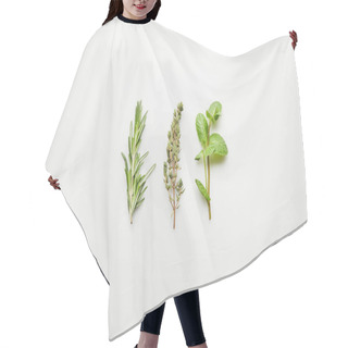 Personality  Top View Of Rosemary, Thyme And Mint On White Background Hair Cutting Cape