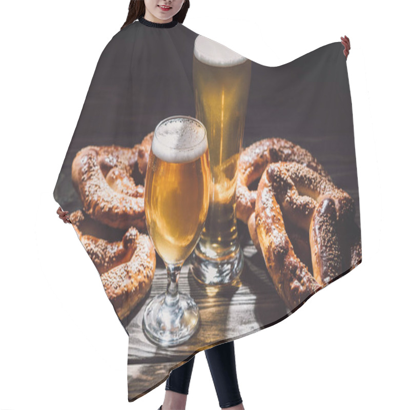 Personality  Two Glasses Of Beer And Yummy Pretzels On Wooden Table, Oktoberfest Concept Hair Cutting Cape